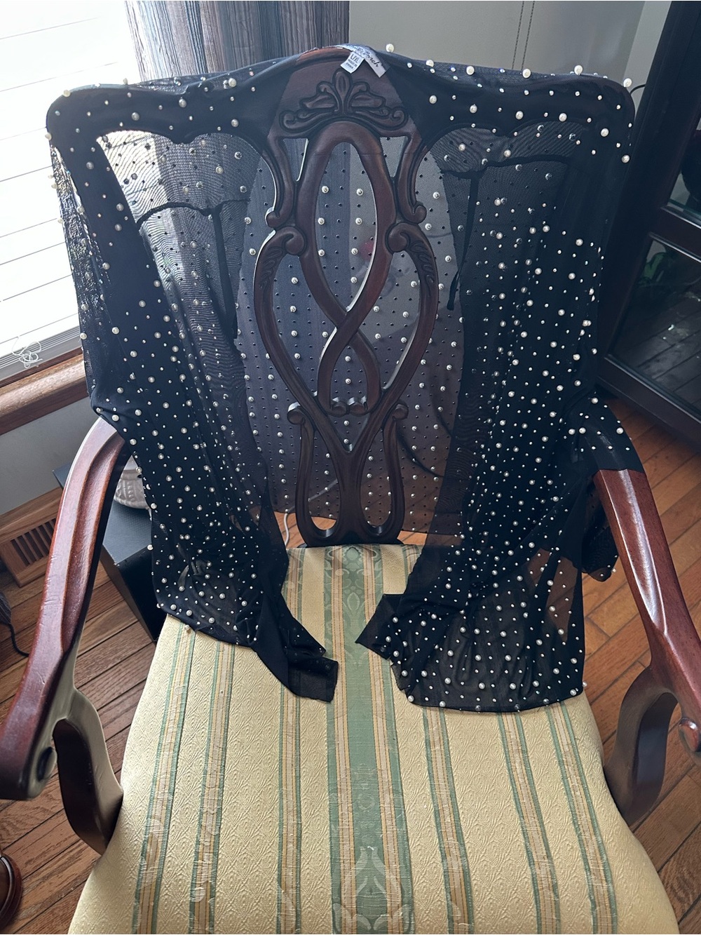 white birch Black Sheer Cardigan with Pearl and Rhinestone Accents